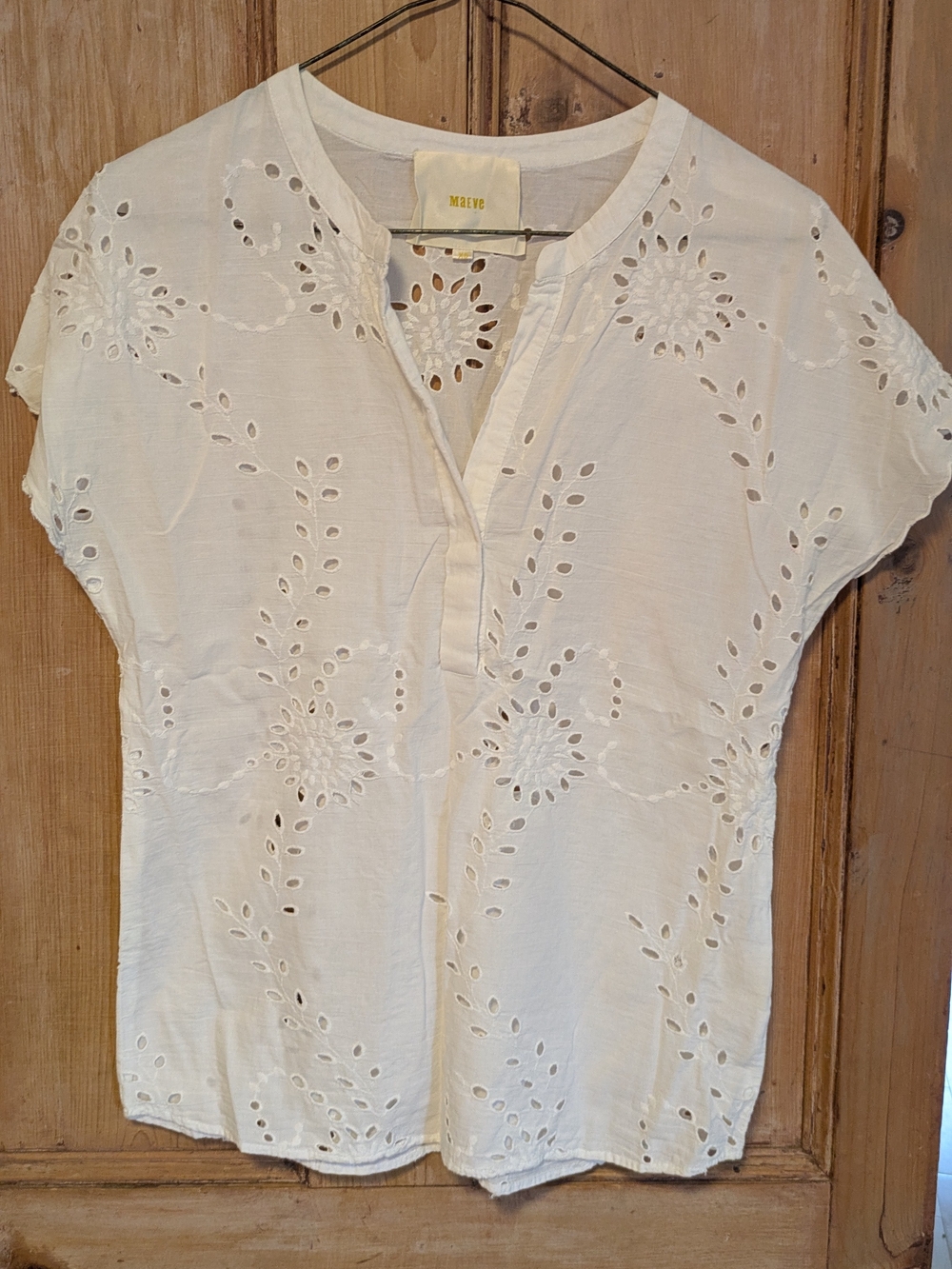 Maeve Cream Eyelet Split-Neck Cotton Blouse